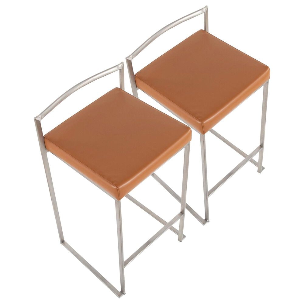 Lumisource Fuji Stackable Counter Stool with Camel Faux Leather Cushion in Brushed Stainless Steel &#40;Set of 2&#41;, , large