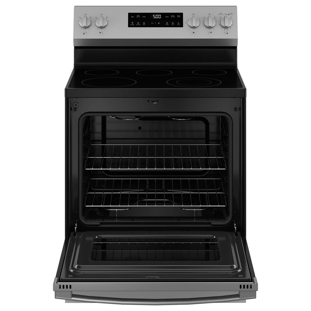 GE Appliances 4pc Kitchen Package with 21.9 Cu. Ft. French Door Refrigerator, 30&quot; Freestanding Electric Range with Self-Clean, 1.6 Cu. Ft. Over-the-Range Microwave, and 30&quot; Freestanding Electric Range with Self-Clean in Stainless Steel, , large