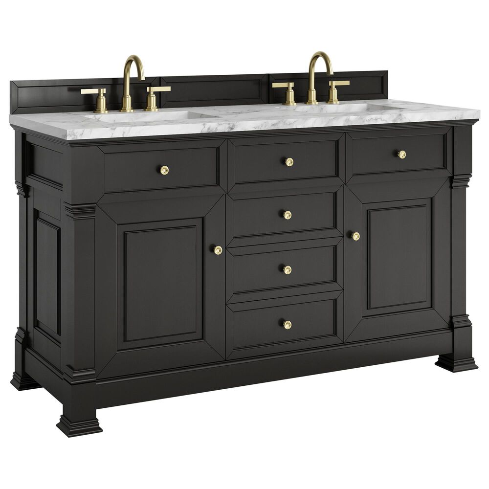 James Martin Vanities Brookfield 60" Double Bathroom Vanity in Black Onyx with 3 cm Carrara White Marble Top and Rectangular Sinks, , large