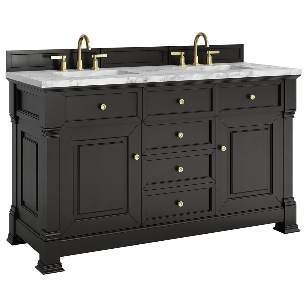 James Martin Vanities Brookfield 60" Double Bathroom Vanity in Black Onyx with 3 cm Carrara White Marble Top and Rectangular Sinks, , large
