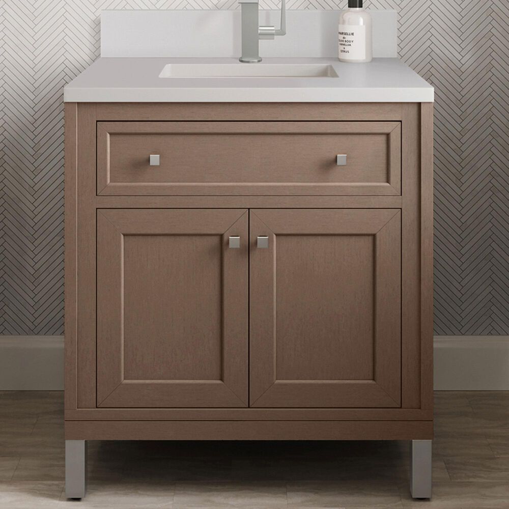 James Martin Vanities Chicago 30" Single Bathroom Vanity in Walnut Whisper with Single Hole 3 cm White Zeus Quartz Top and Rectangular Sink, , large