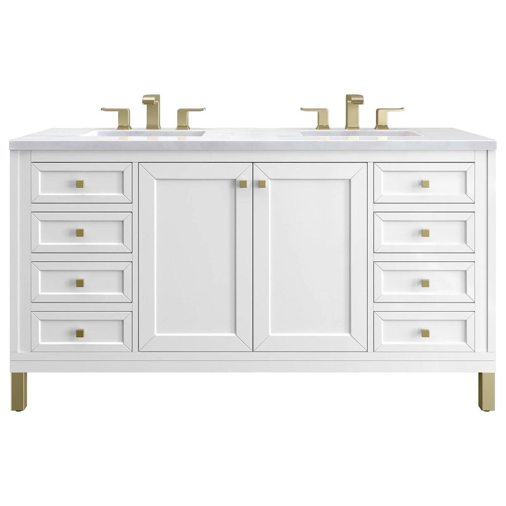James Martin Vanities Chicago 60" Double Bathroom Vanity in Glossy White with 3 cm Arctic Fall Solid Surface Top and Rectangular Sinks, , large
