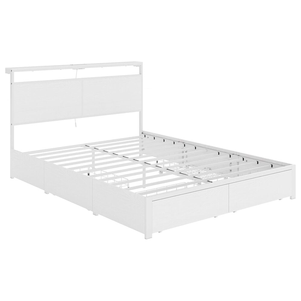 HOMLUX Queen 4-Drawer Storage Bed with LED Headboard and Charging Station in White, , large