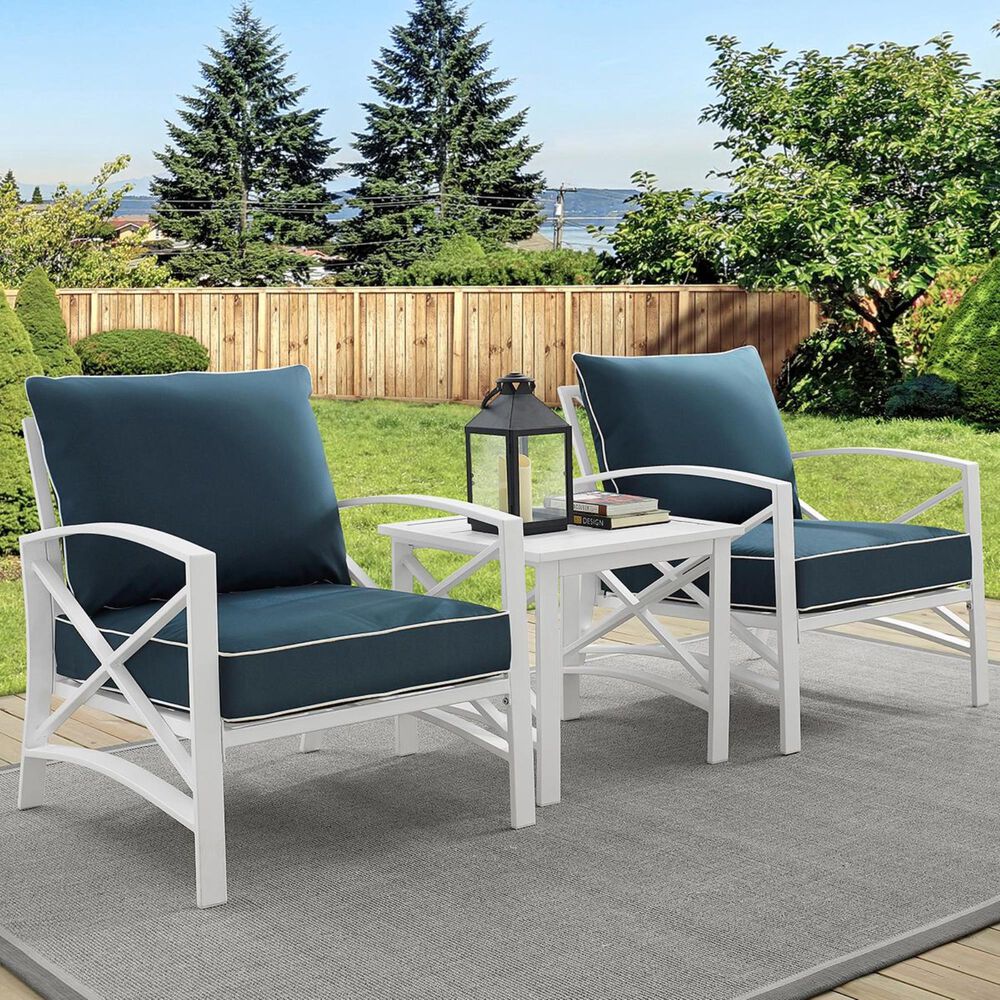 Crosley Furniture Kaplan 3-Piece Outdoor Seating Set in White and Navy, , large