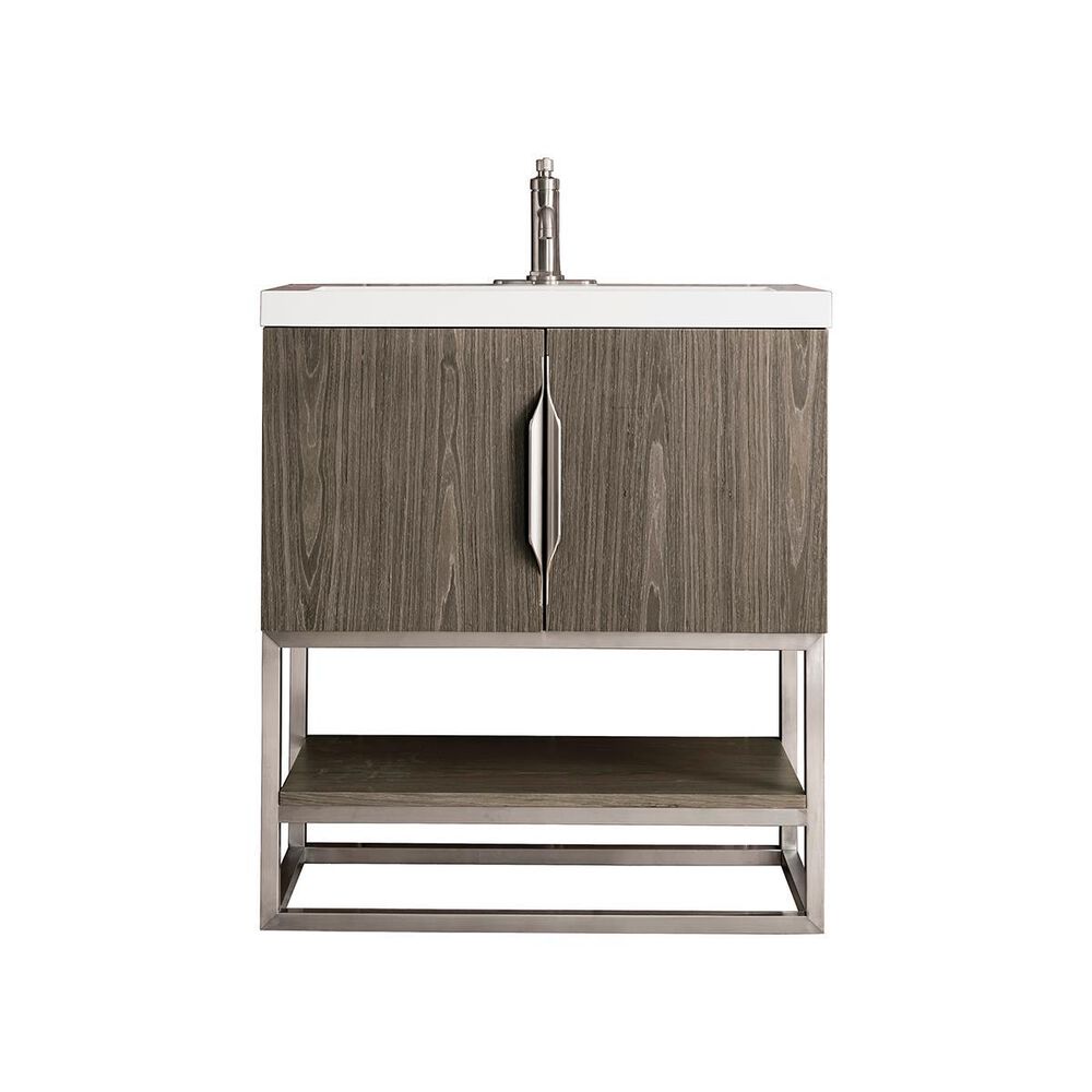 James Martin 31.5" Single Vanity Cabinet in Ash Gray, Brushed Nickel with White Glossy Solid Surface Top, , large