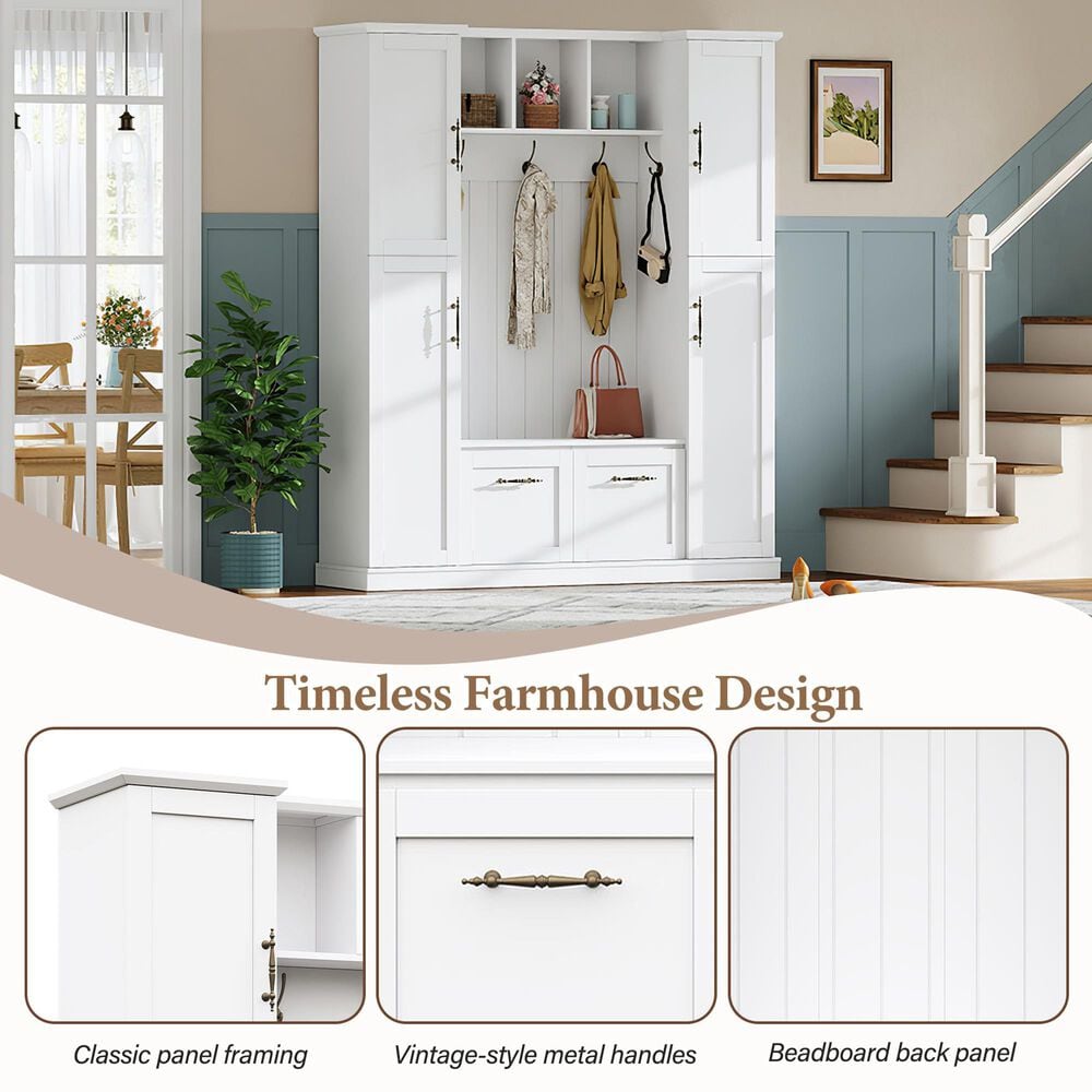HOMLUX 5-Hook Hall Tree with 4 Side Cabinets and Storage Bench in White, , large