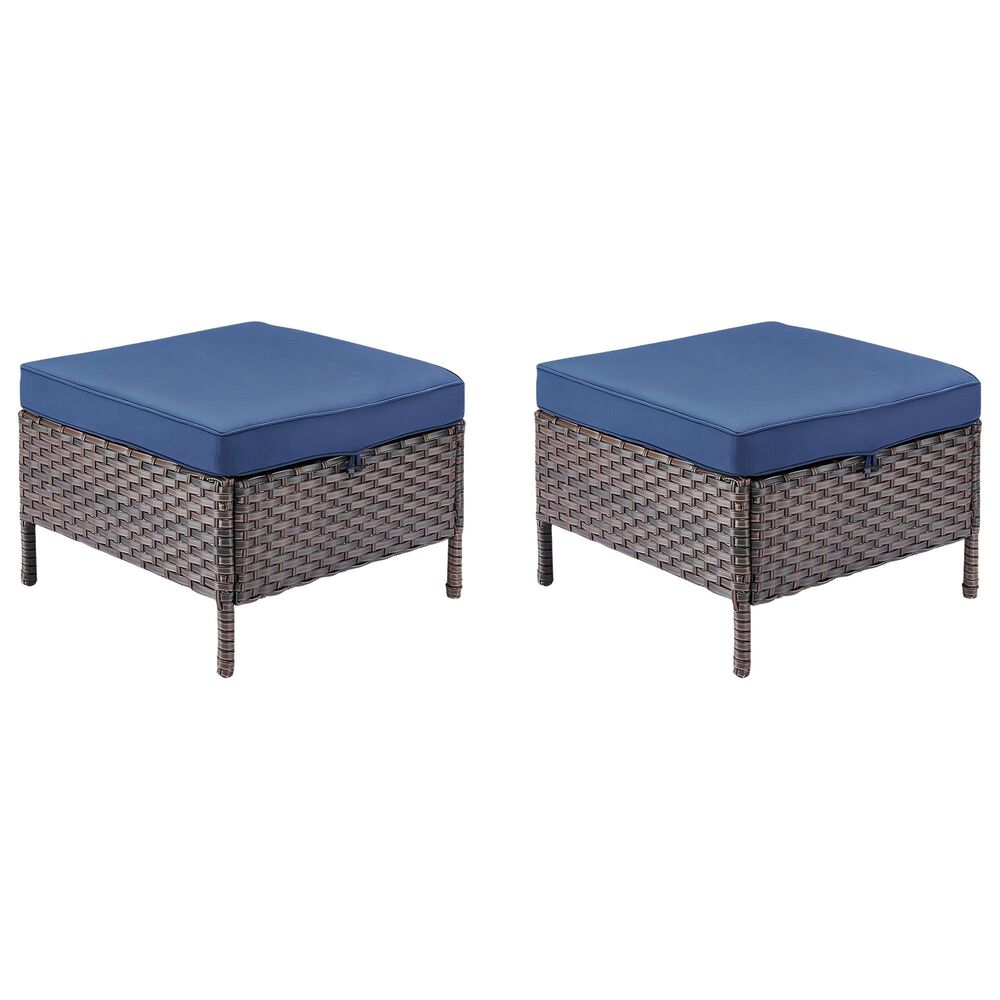 Sunwell Garden 17" Ottoman with Navy Cushion and Round Legs in Brown (Set of 2), , large