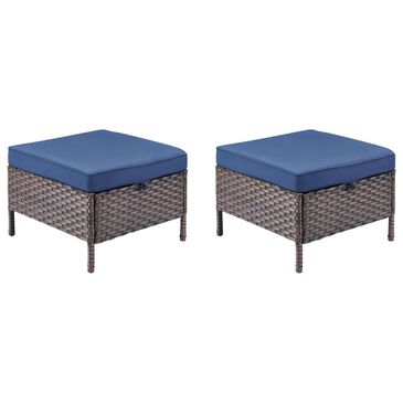 Sunwell Garden 17" Ottoman with Navy Cushion and Round Legs in Brown (Set of 2), , large