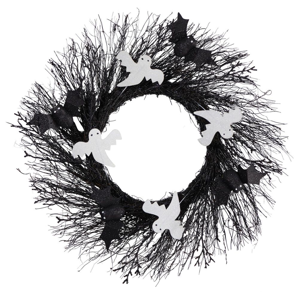Nearly Natural Inc 22in. Halloween Ghost and Bats Twig Wreath, , large