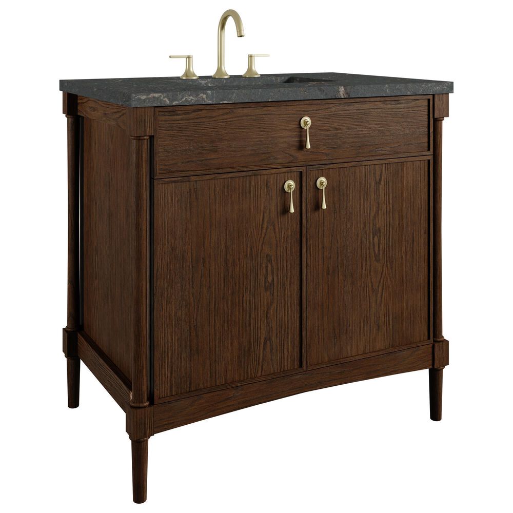 James Martin Kinnsden 36" Single Bathroom Vanity in Sable Oak with 3 cm Parisien Bleu Silestone Top and Rectangular Sink, , large