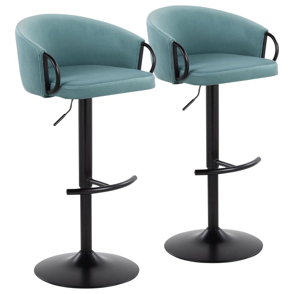 LumiSource Claire Swivel Adjustable Barstool with Light Blue Velvet Upholstery in Black (Set of 2), , large