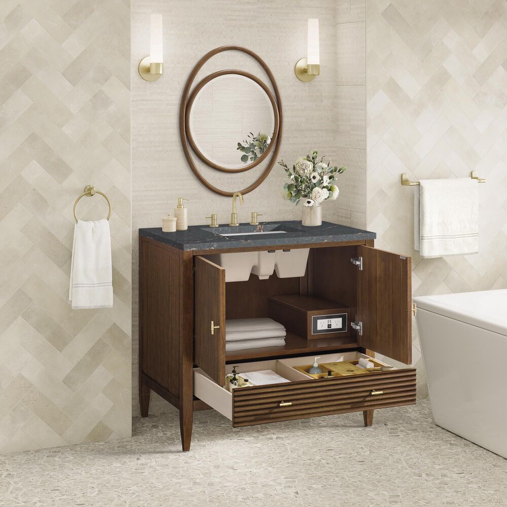 James Martin Vanities Myrrin 36&quot; Vanity in Mid-Century Walnut with 3 cm Parisien Bleu Quartz Top, , large