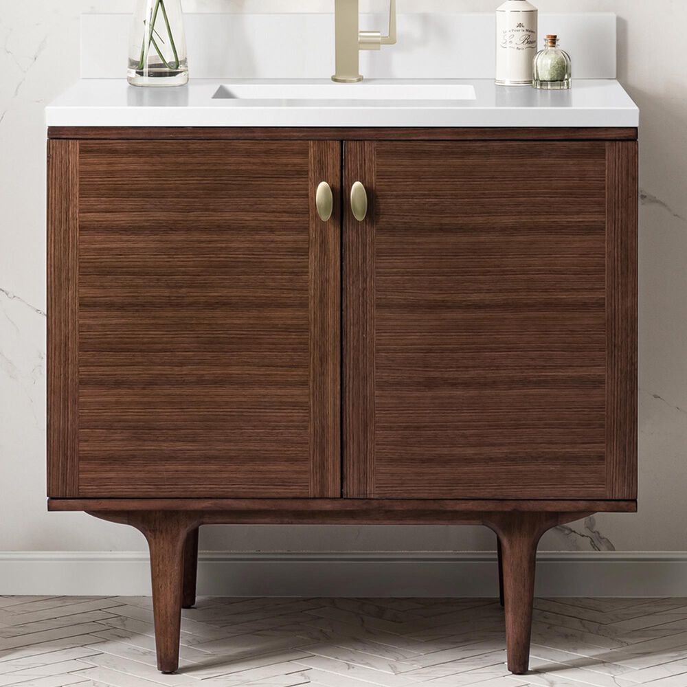 James Martin Vanities Amberly 36" Single Bathroom Vanity in Mid-Century Walnut with Single Hole 3 cm White Zeus Quartz Top and Rectangular Sink, , large