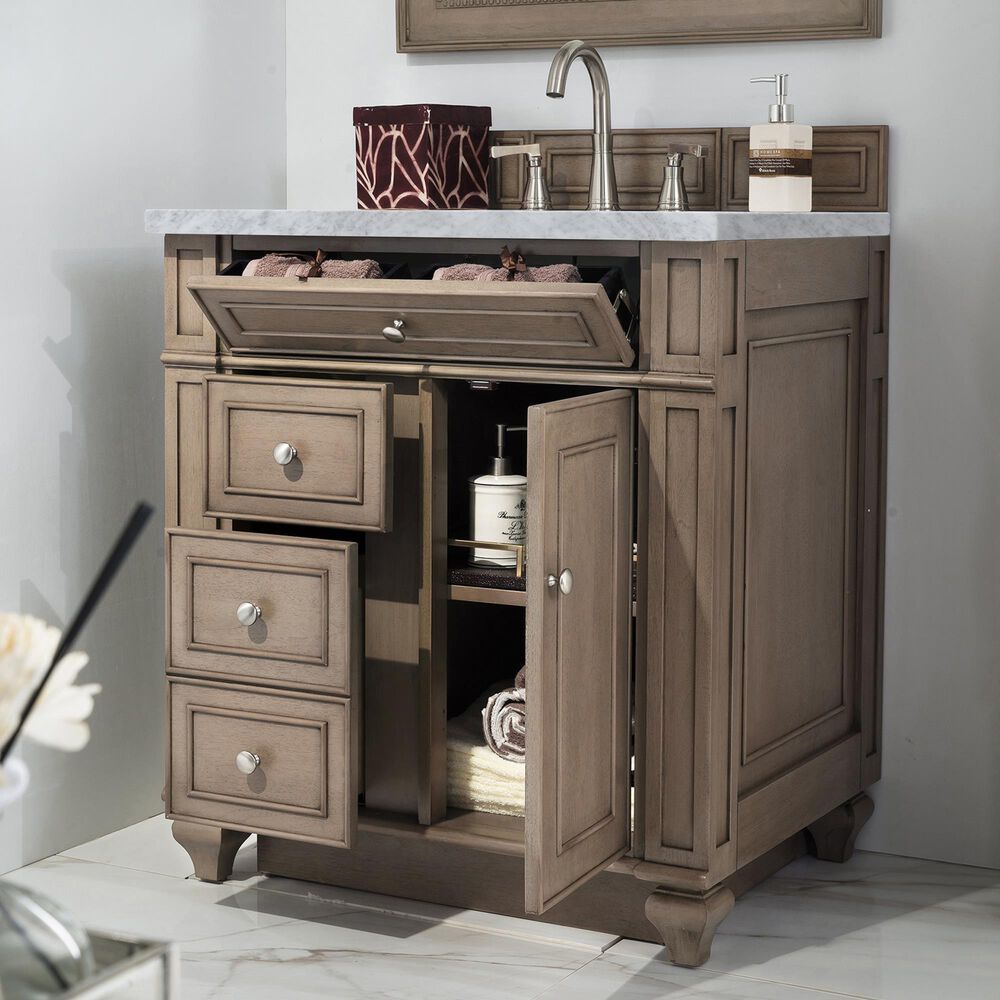 James Martin Vanities Bristol 30&quot; Single Bathroom Vanity in Whitewashed Walnut with 3 cm Carrara White Marble Top and Rectangle Sink, , large