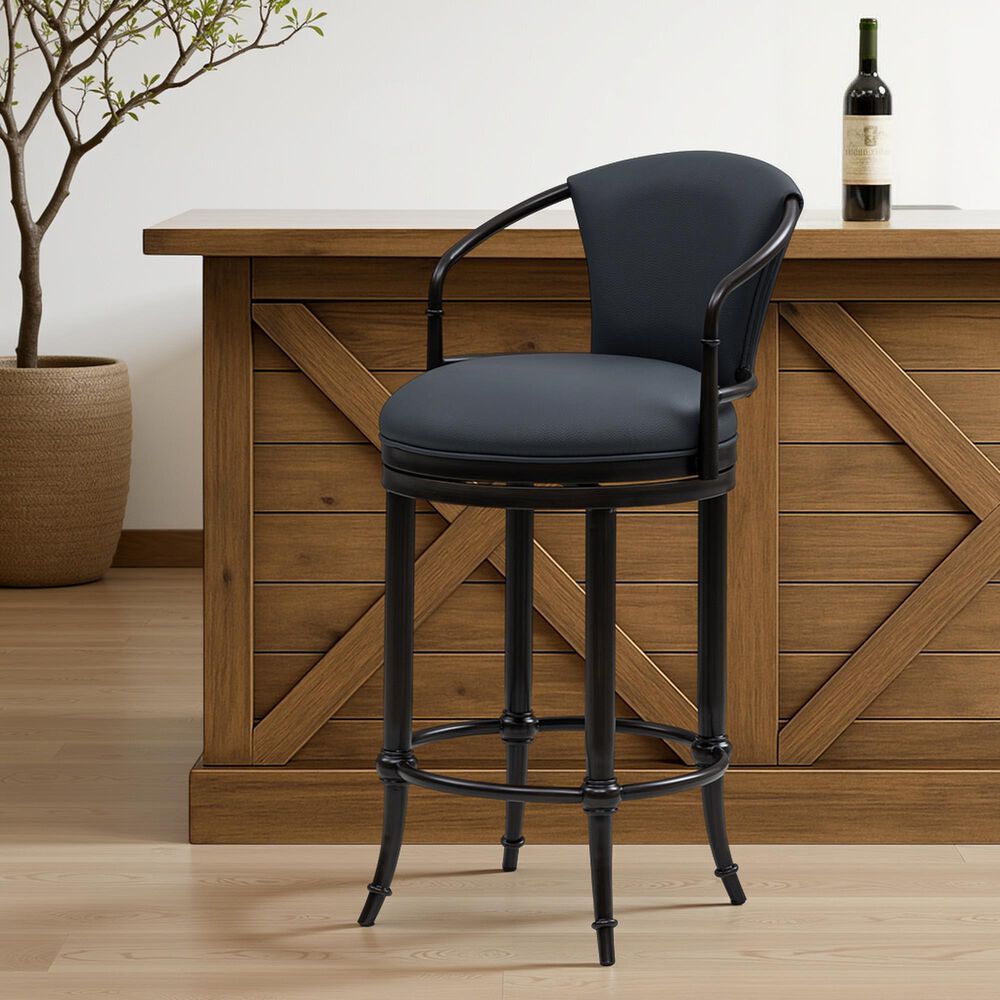 Armen Living Otis Bar Height Stool with Night Life Blue Upholstery in Dark Brown, , large