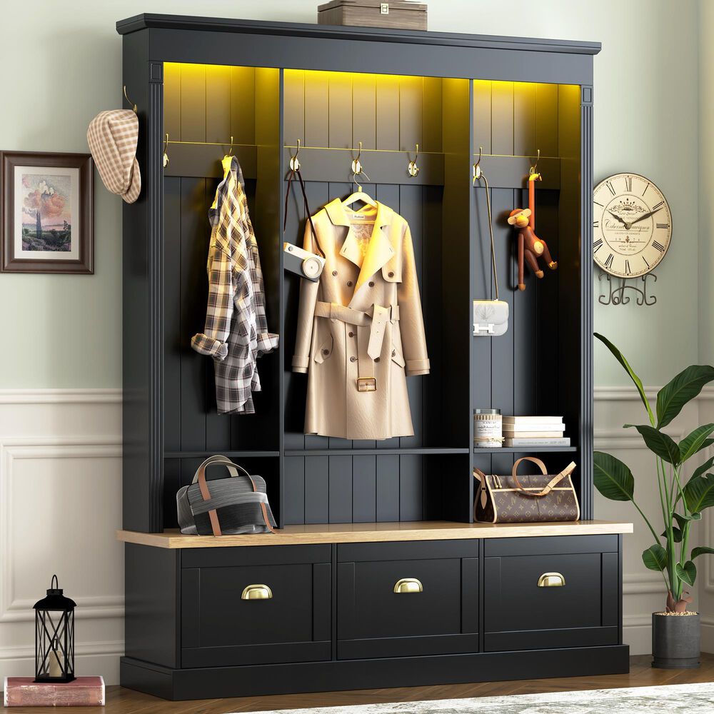 HOMLUX 9-Hook Hall Tree with 3-Cabinet in Black and Natural, , large