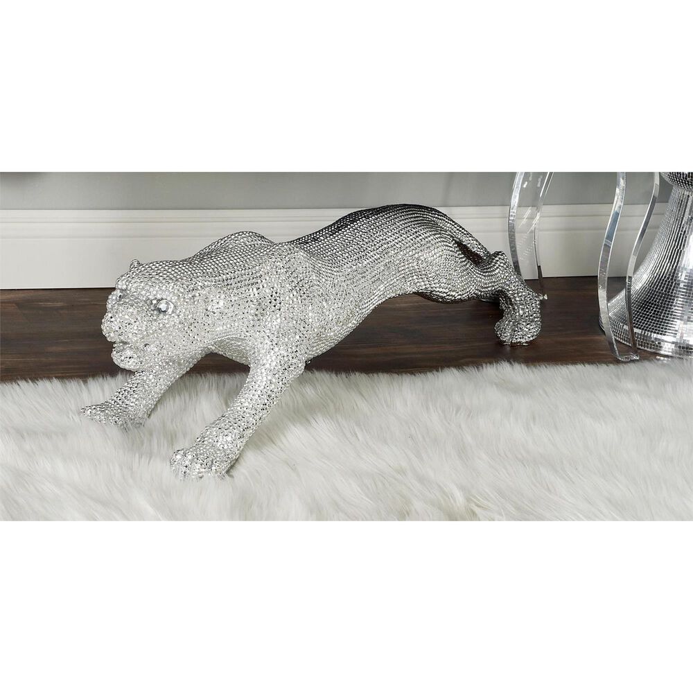 Maple and Jade Leopard Decorative Sculpture with Carved Faceted Diamond Exterior in Polished Silver, , large