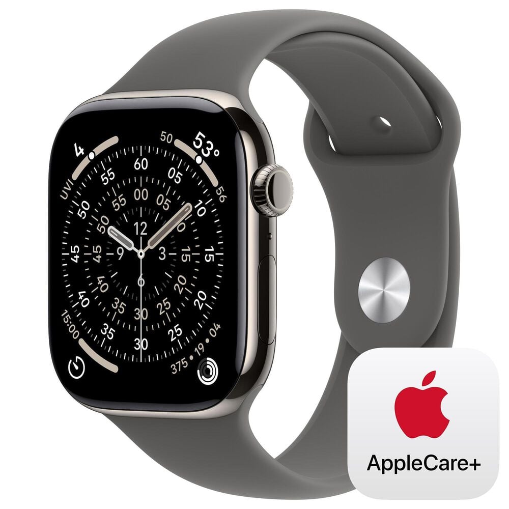 Apple Watch Series 11 (GPS+Cellular) 46mm Titanium Case with Stone Gray Sport Band - S/M in Natural and 2-Year AppleCare+, , large