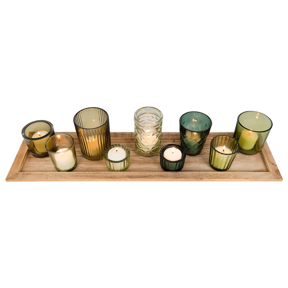 Creative Coop 10-Piece Wood Tray with Glass Votive Holder Set in Green, , large