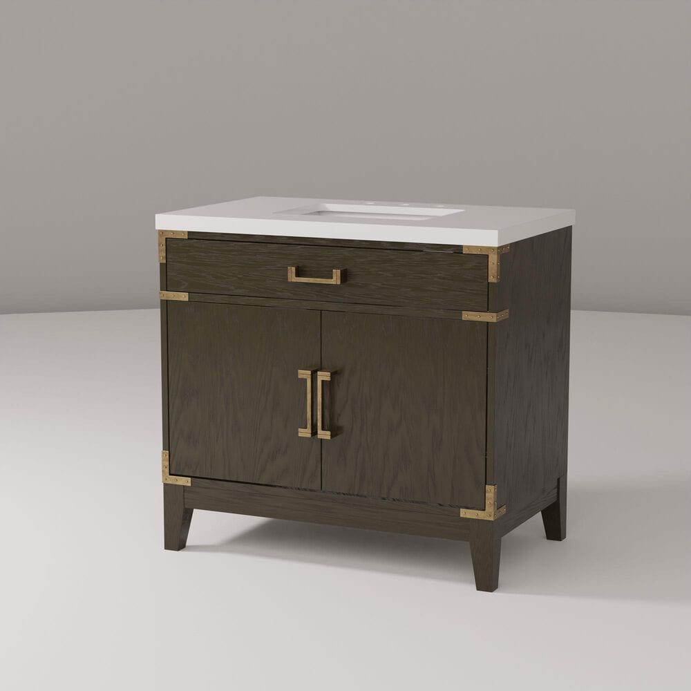 Lexora Home Laurel 36&quot; Single Bathroom Vanity in Brown Oak with White Quartz Top and Rectangular Sink, , large