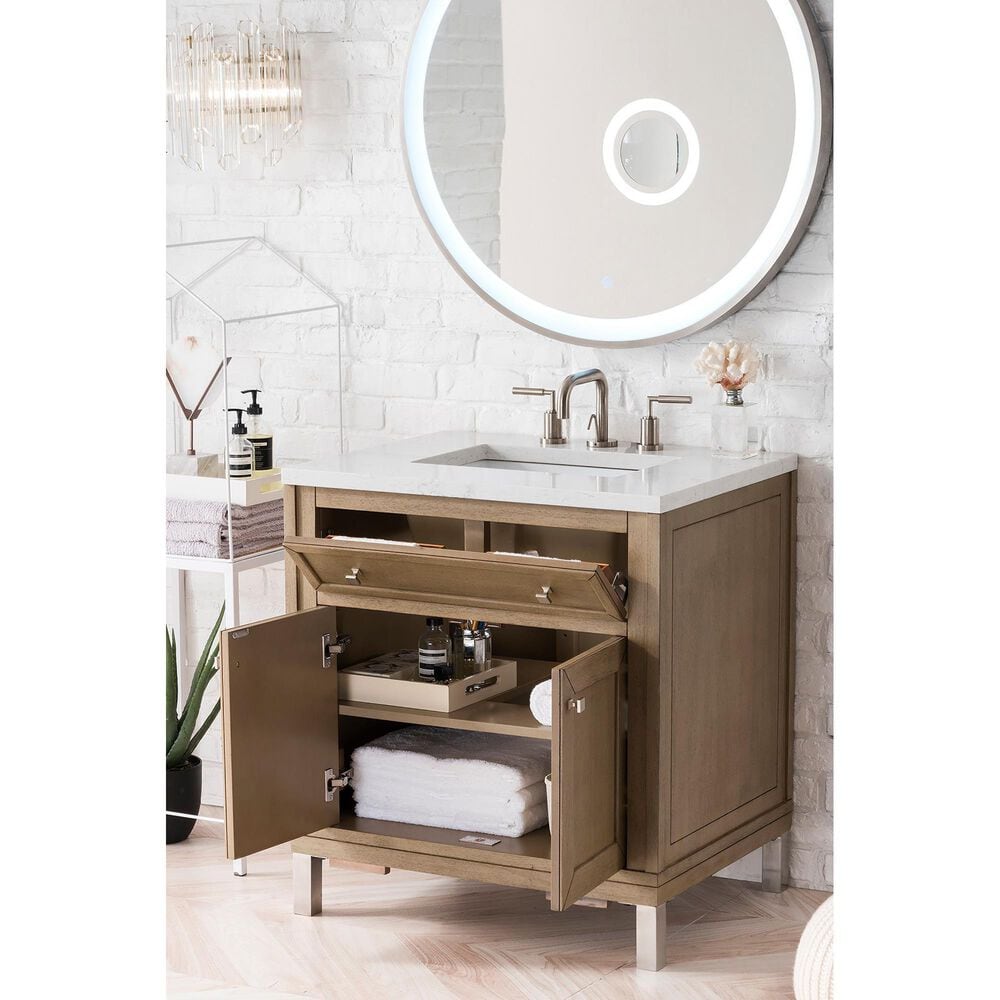 James Martin Vanities Chicago 30&quot; Single Bathroom Vanity in Whitewashed Walnut with 3 cm Eternal Jasmine Pearl Quartz Top and Rectangular Sink, , large