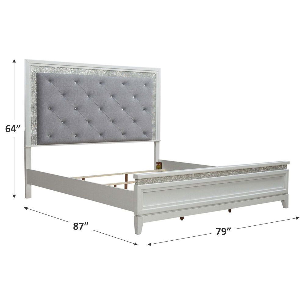 Belle Furnishings Reflections King Panel Bed with Gray Upholstered in Pearl White and Rhinestone, , large