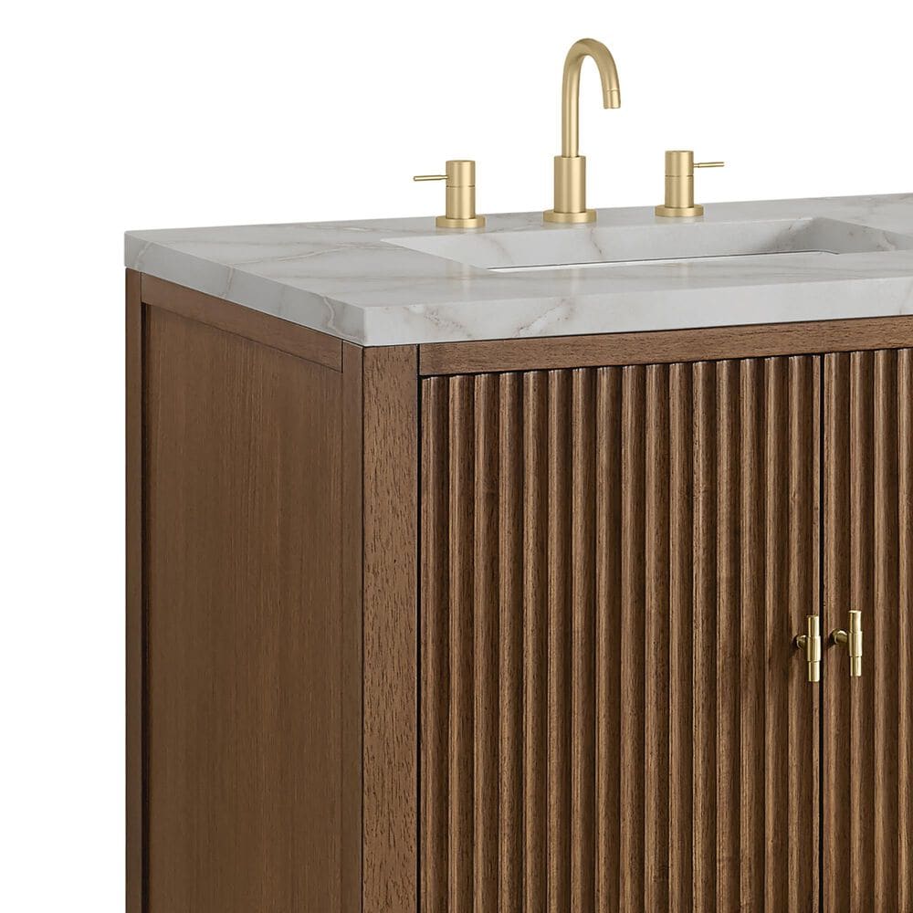 James Martin Myrrin 30" Single Bathroom Vanity in Mid-Century Walnut with 3 cm Victorian Silver Silestone Top and Rectangular Sink, , large