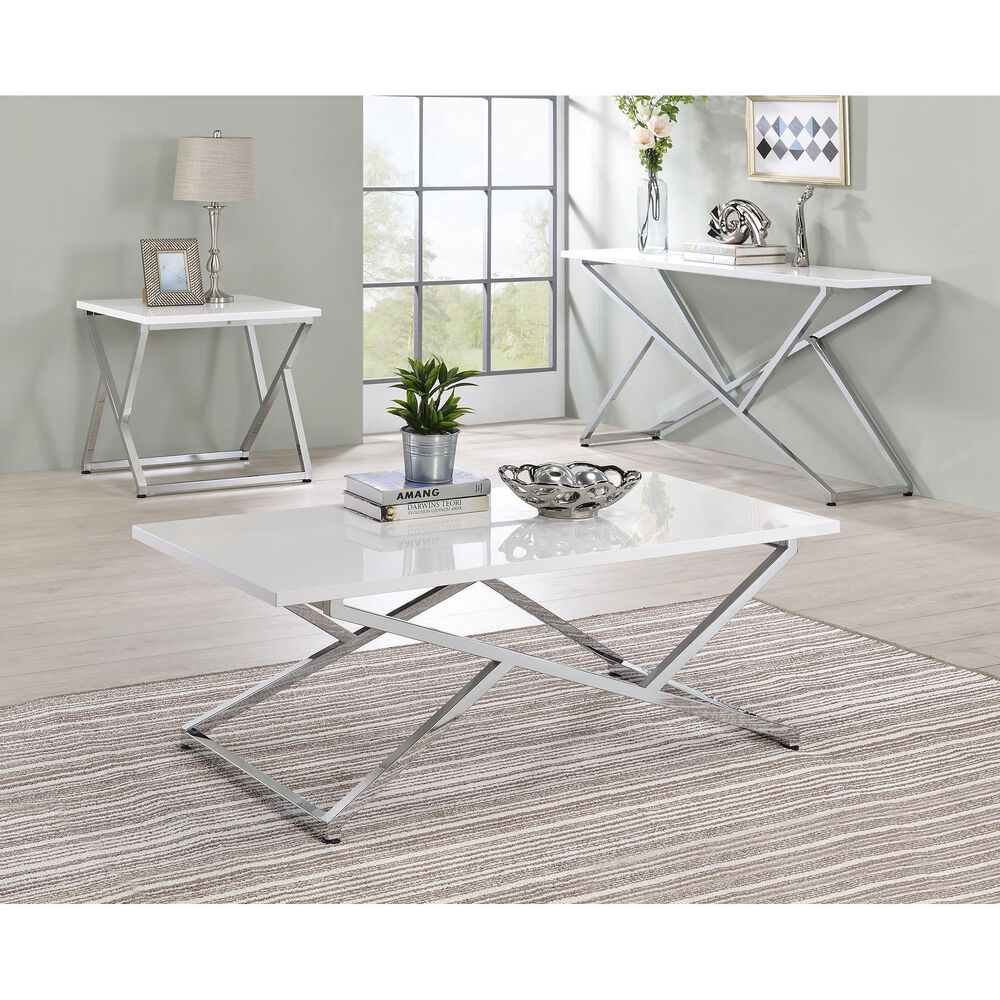 Furniture of America Moser Coffee Table Set in Glossy White and Chrome &#40;Set of 2&#41;, , large