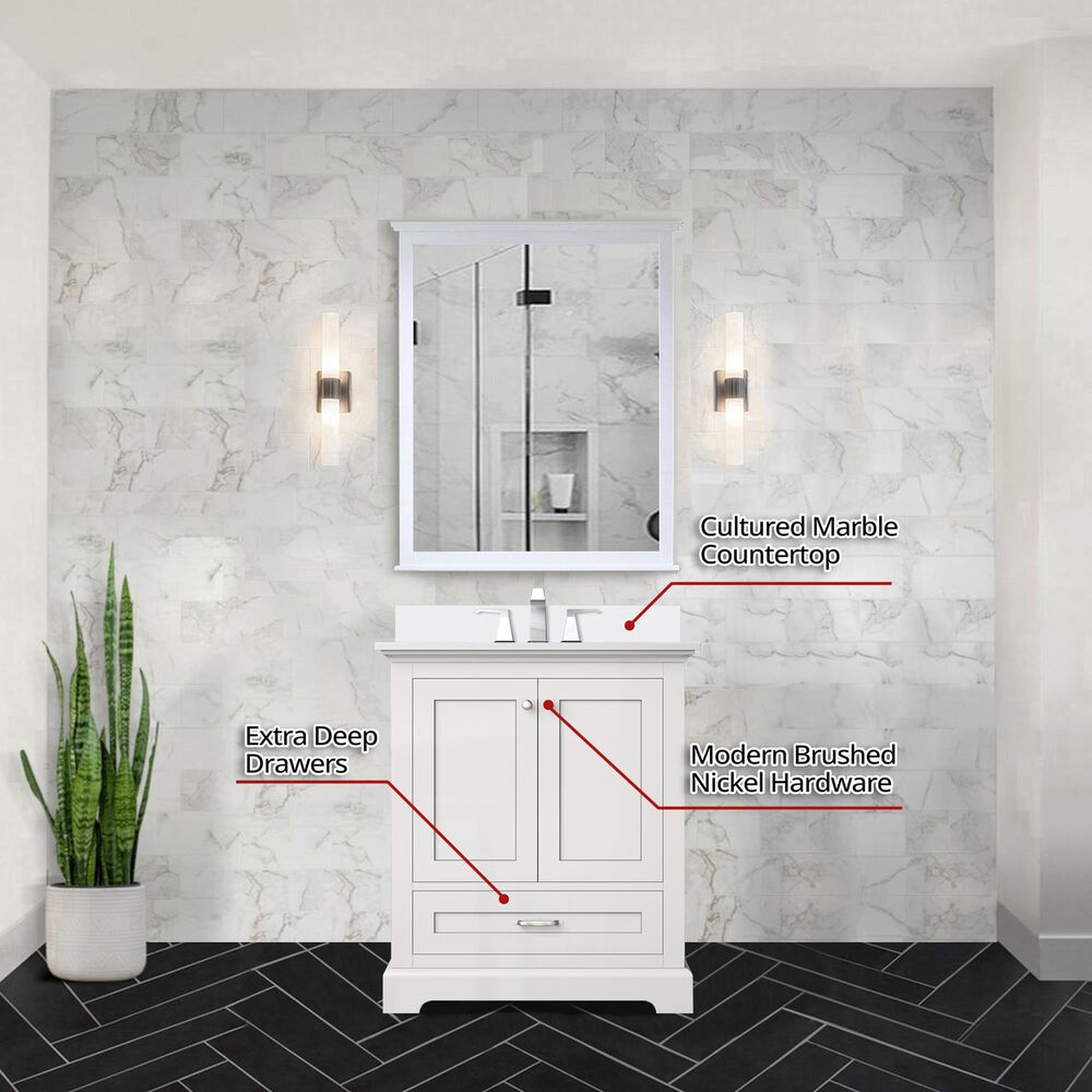 Lexora Home Dukes 30&quot; Single Bathroom Vanity in White with 2 cm White Cultured Marble Top and Rectangular Sink, , large