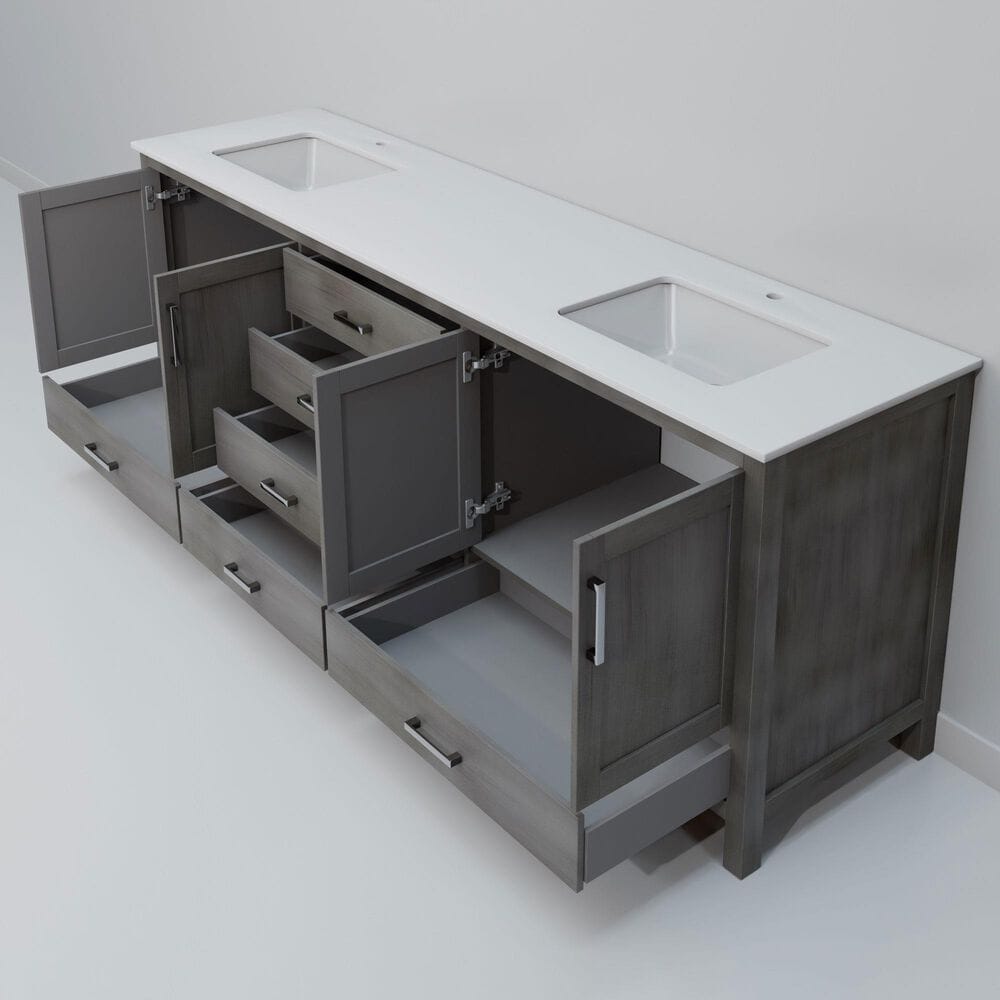 Lexora Home Jacques 80" Double Bathroom Vanity in Distressed Grey with 2 cm White Quartz Top and Rectangular Sinks, , large