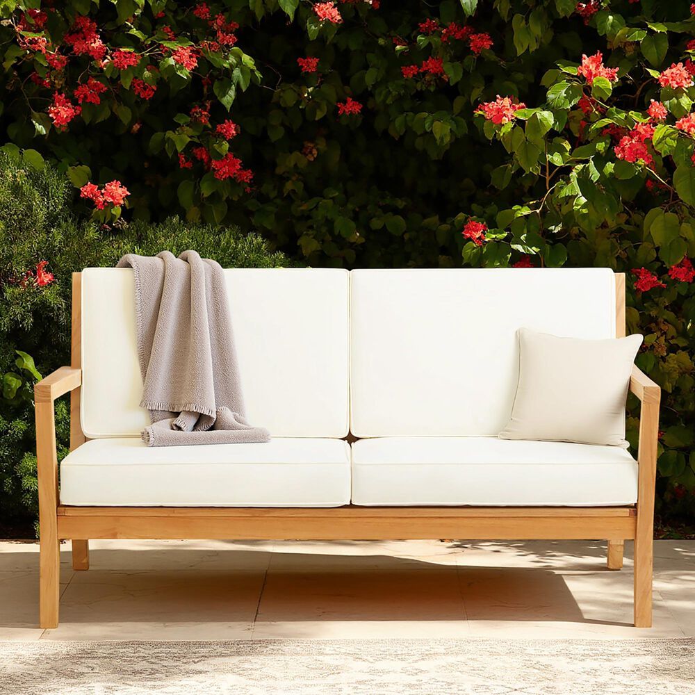 Linon Home Decor Carenen Outdoor 2-Seat Sofa with White Cushions in Natural, , large
