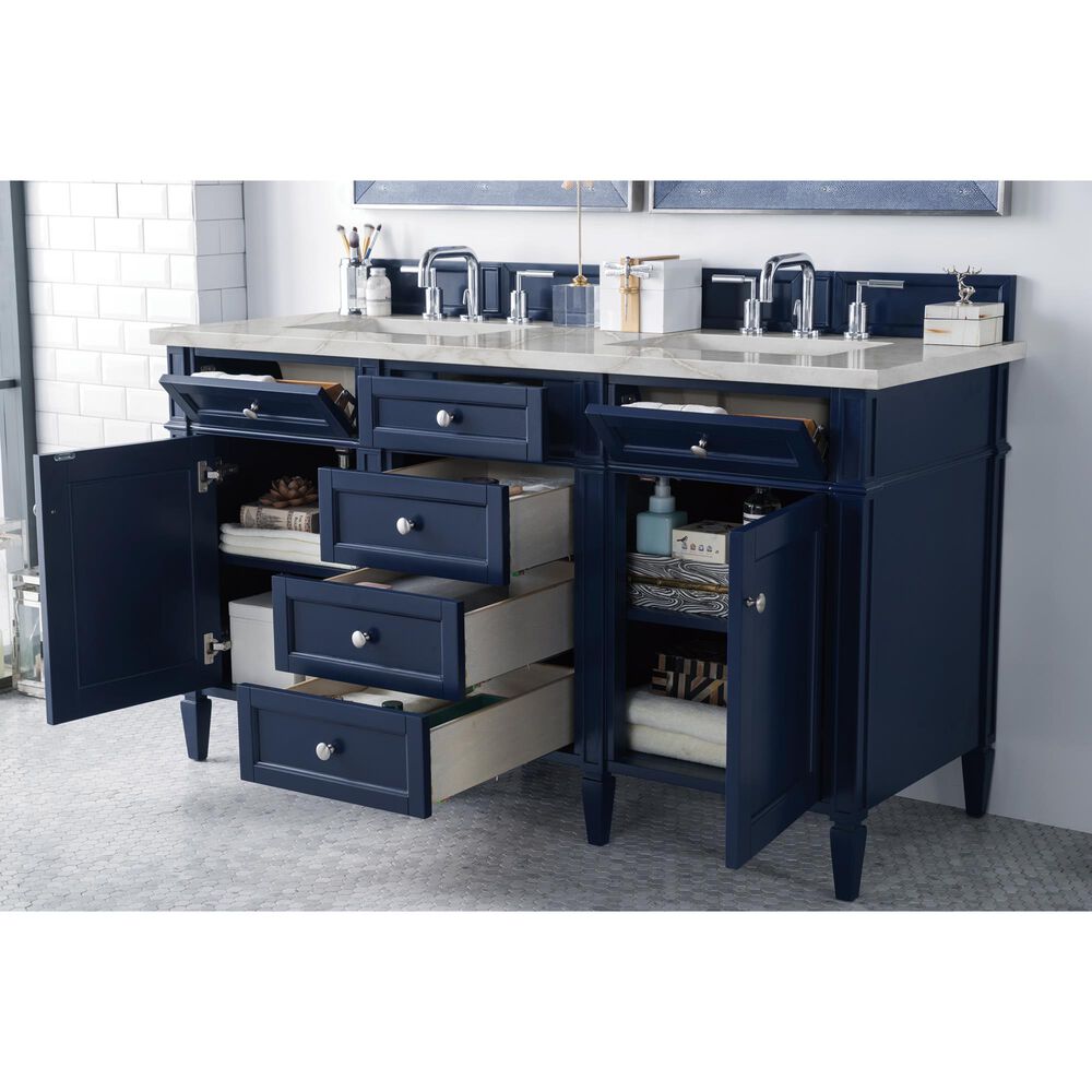 James Martin Brittany 60&quot; Double Bathroom Vanity in Victory Blue with Single Hole 3 cm White Zeus Quartz Top and Rectangular Sinks, , large
