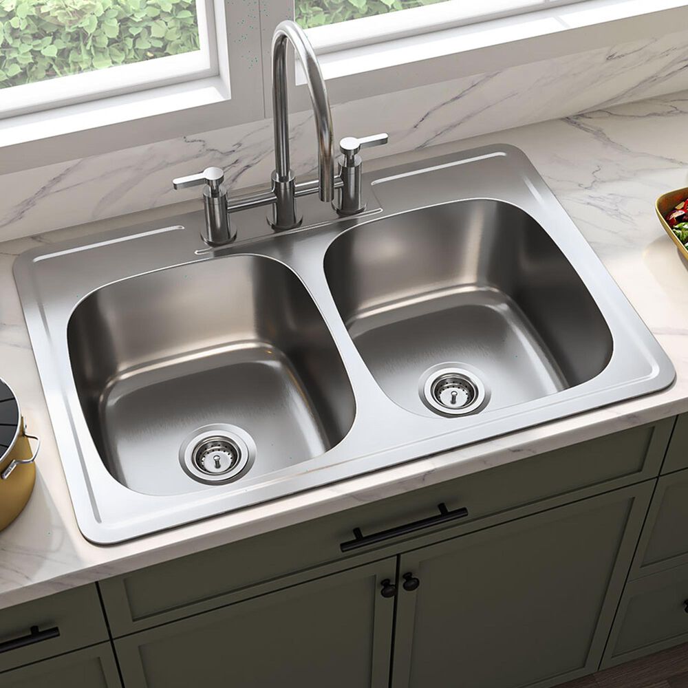 MS International Overmount Double Bowl Kitchen Sink in Brushed Satin, , large