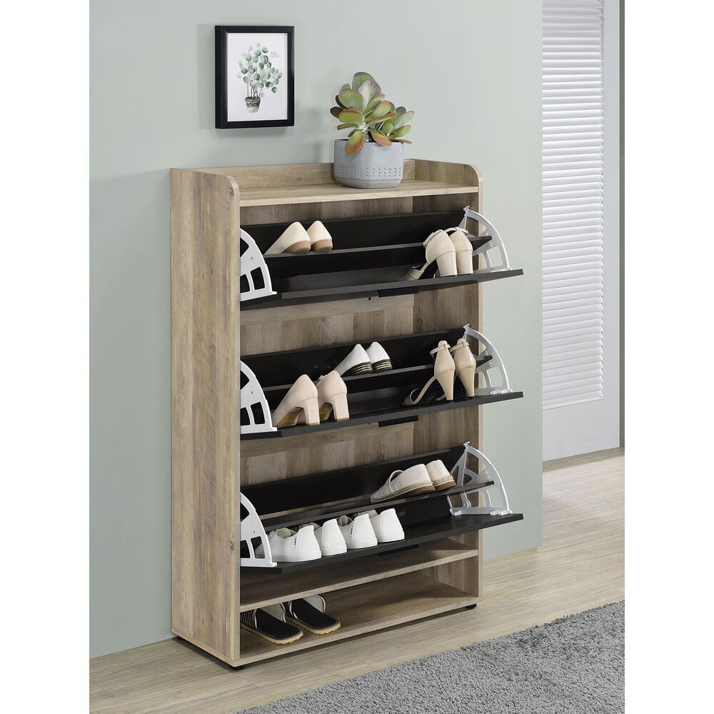 Pacific Landing Denia 3-Tier Shoe Storage Cabinet in Antique Pine and Grey, , large