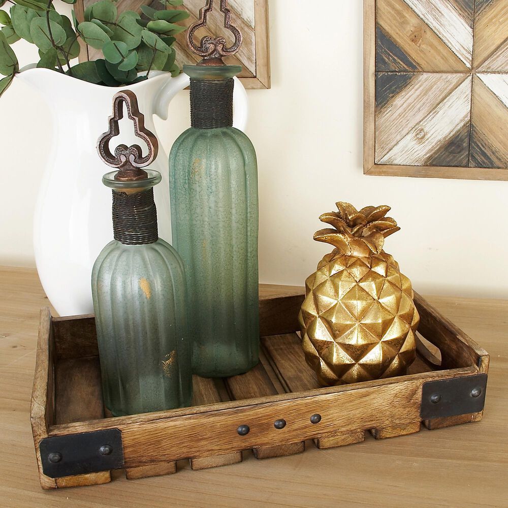 Maple and Jade Farmhouse Wood Slat Tray in Brown &#40;Set of 3&#41;, , large