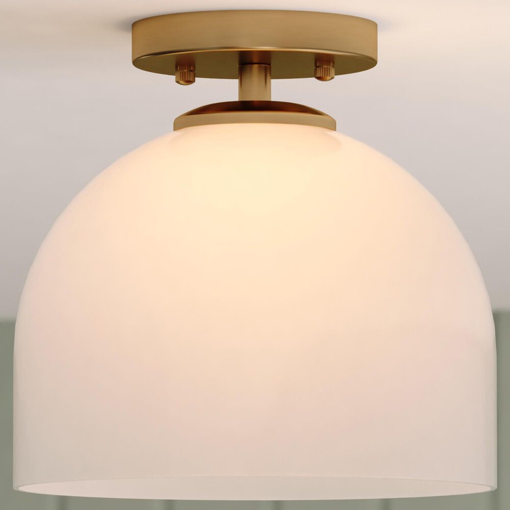Vaxcel Shelby 1-Light Semi Flush Mount with Frosted White Opal Glass Shade in Natural Brass, , large
