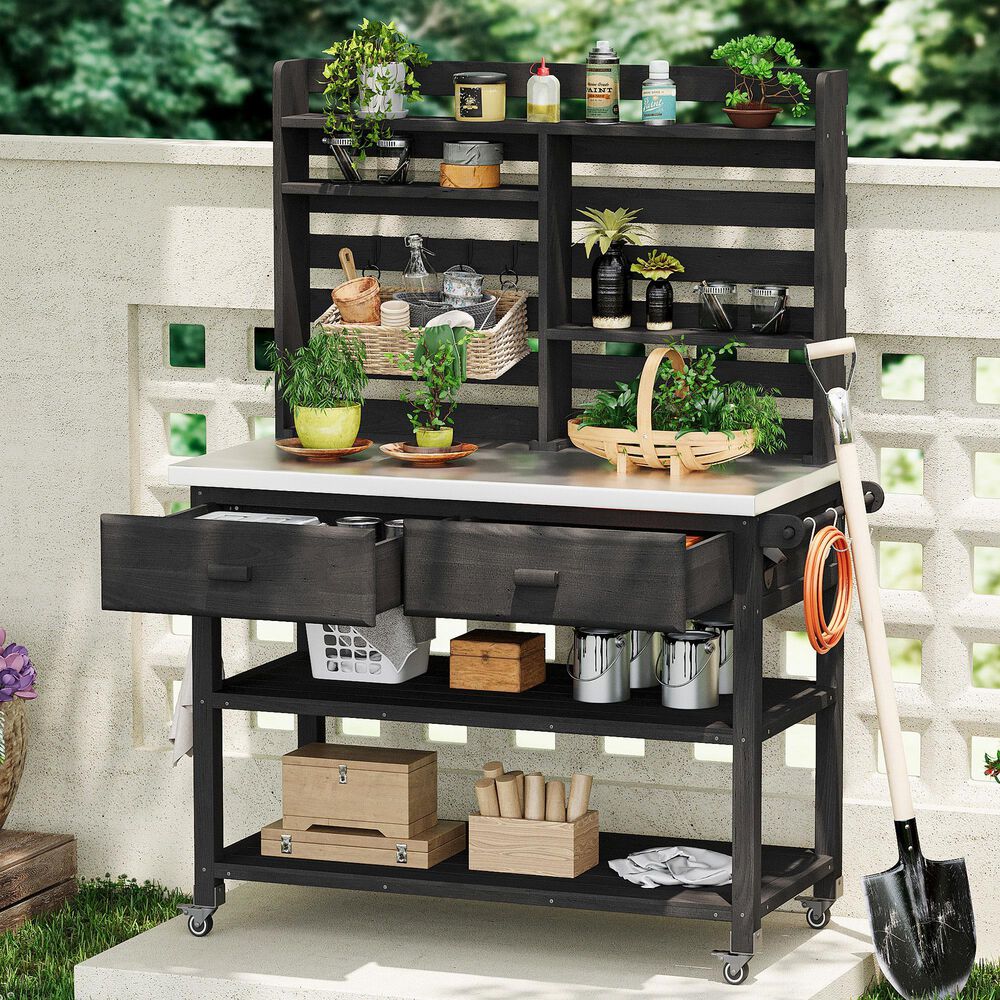 HOMLUX 65" Outdoor Potting Bench Table in Black, , large