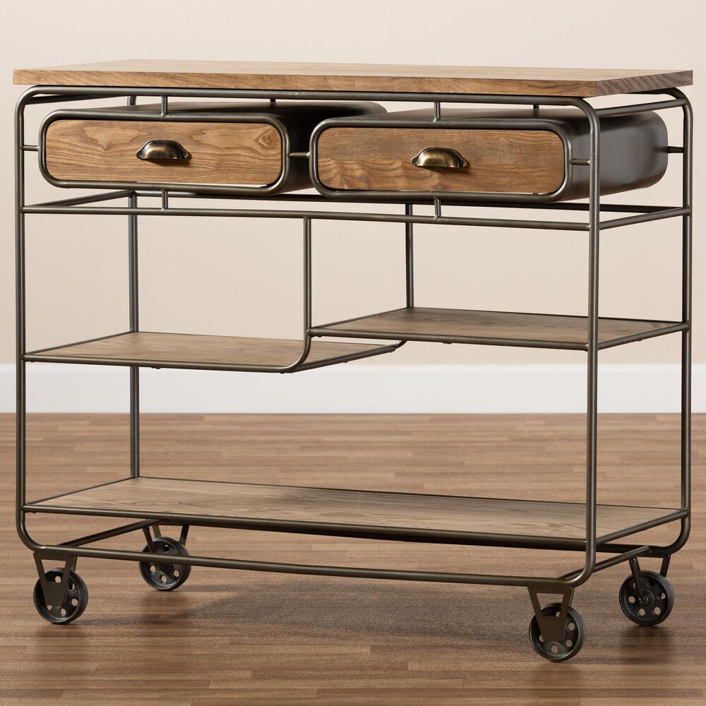 Baxton Studio Grant 2-Drawer Kitchen Cart in Oak Brown and Black, , large