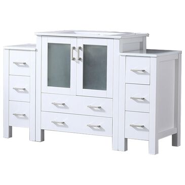 Lexora Home Volez 54" Single Bathroom Vanity in White with 2 cm White Ceramic Top, Rectangular Sink and Side Cabinets, , large