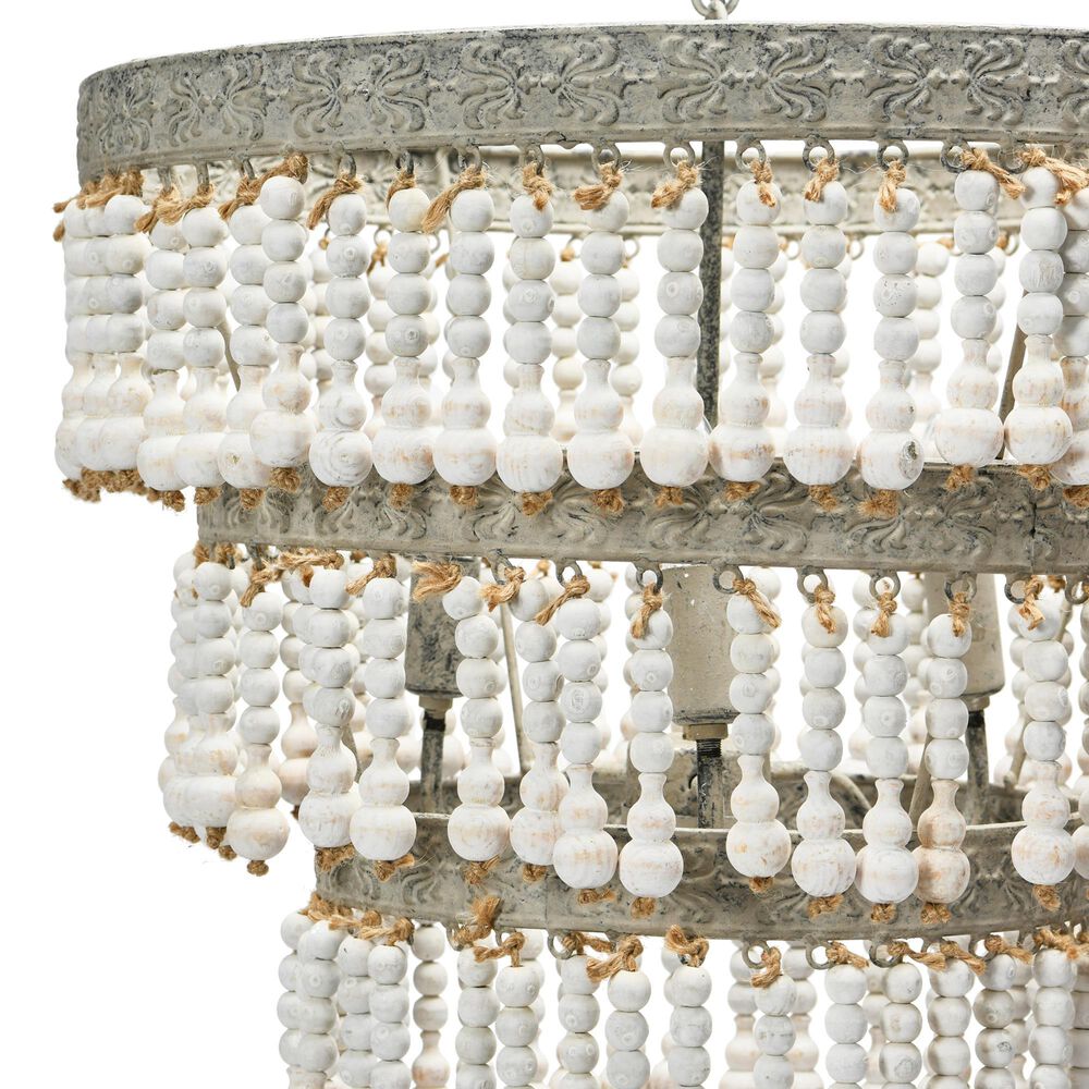 Creative Coop Laurel 3-Tier Wood Bead Chandelier with Antique White Shade, , large