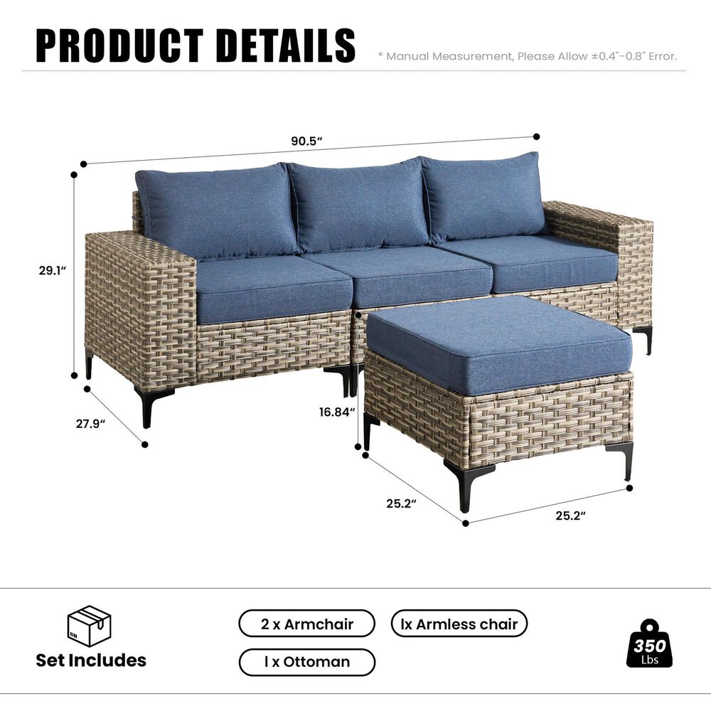 HOMLUX 4-Piece Patio Modular Sofa and Ottoman Set in Denim Blue, , large