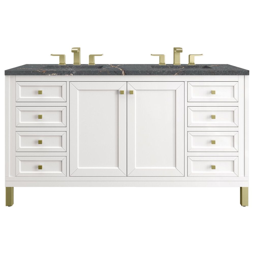James Martin Vanities Chicago 60" Double Bathroom Vanity in Glossy White with 3 cm Parisien Bleu Quartz Top and Rectangular Sinks, , large