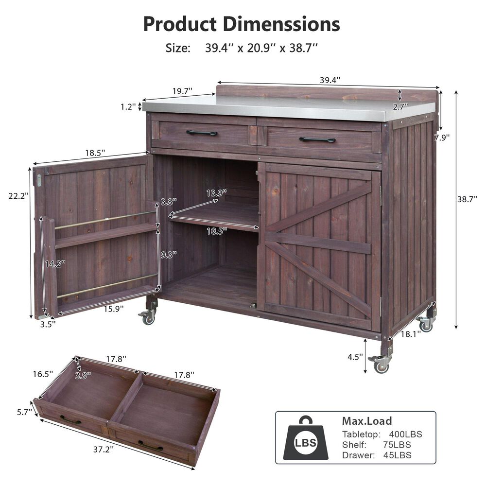 HOMLUX 39" Outdoor Kitchen Island with Stainless Table Top in Dark Brown, , large