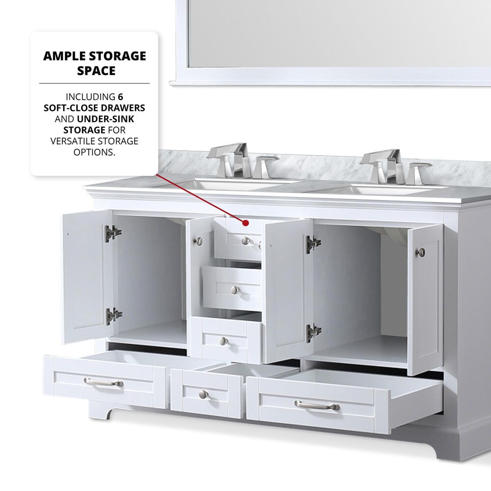 Lexora Home Dukes 60&quot; Double Bathroom Vanity in White with 2 cm White Quartz Top and Rectangular Sinks, , large