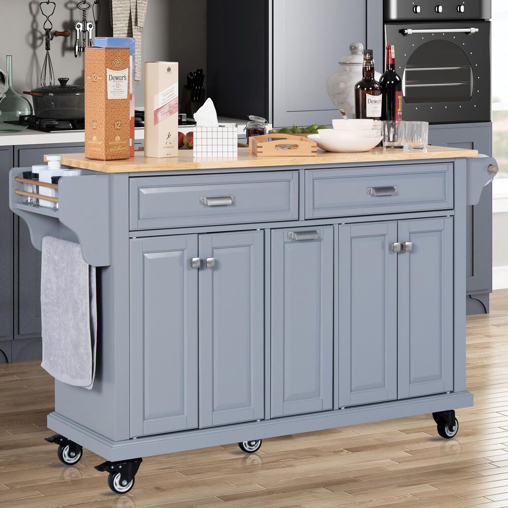 HOMLUX Kitchen Island with Rubber wood Countertop in Grey, , large