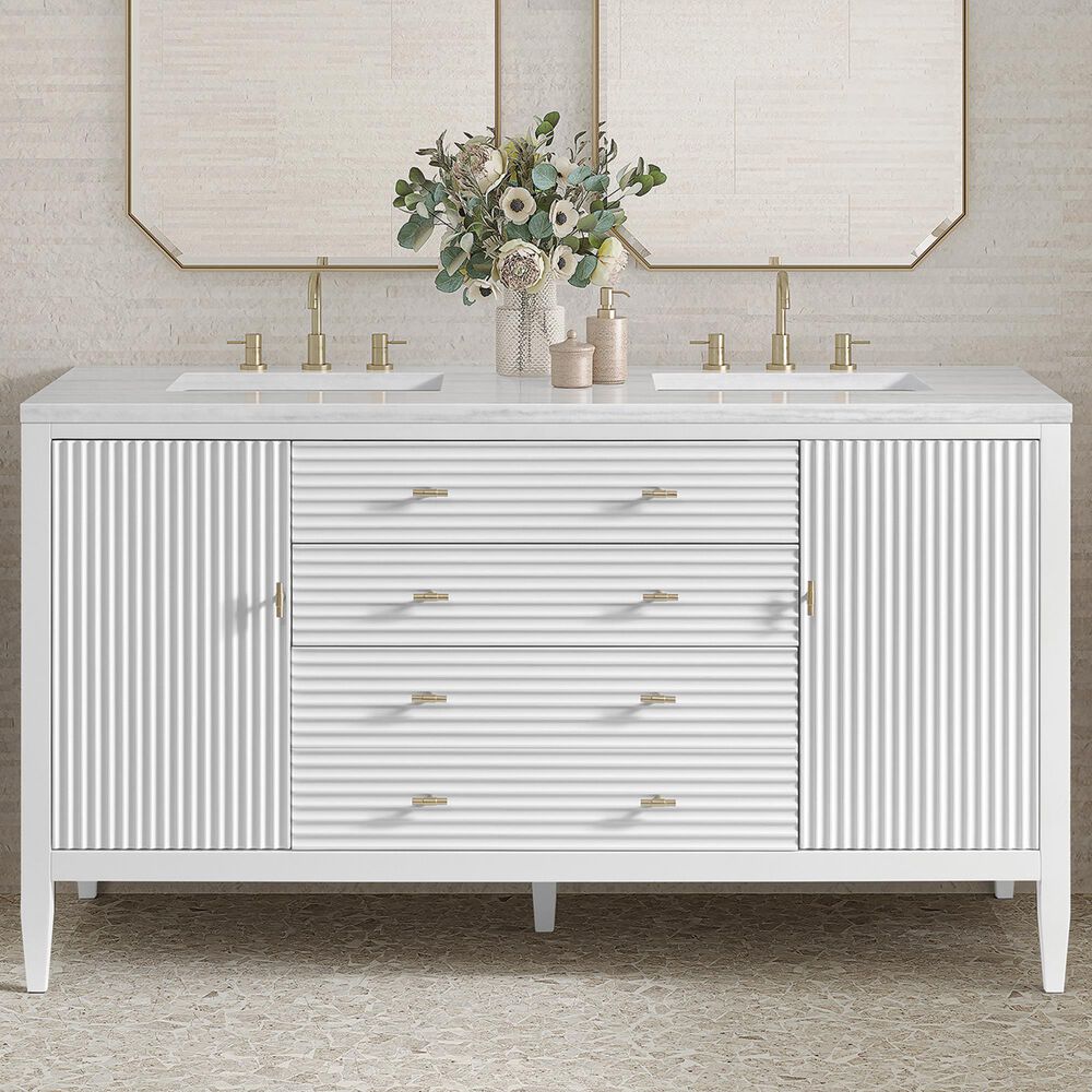 James Martin Vanities Myrrin 60&quot; Double Vanity in Bright White with 3 cm Arctic Fall Solid Surface Top, , large