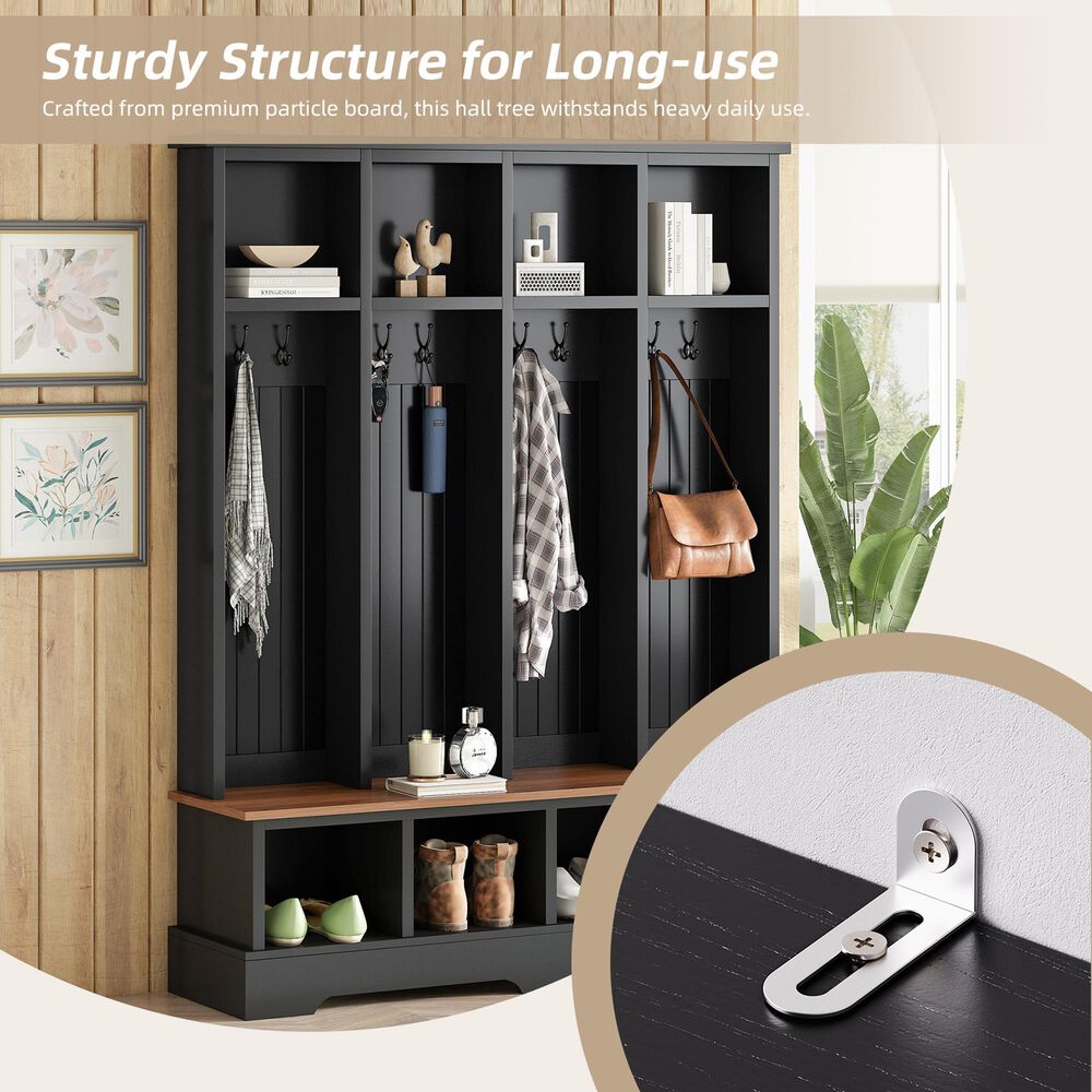 HOMLUX 8-Hook Hall Tree with Entryway Bench in Black and Walnut, , large