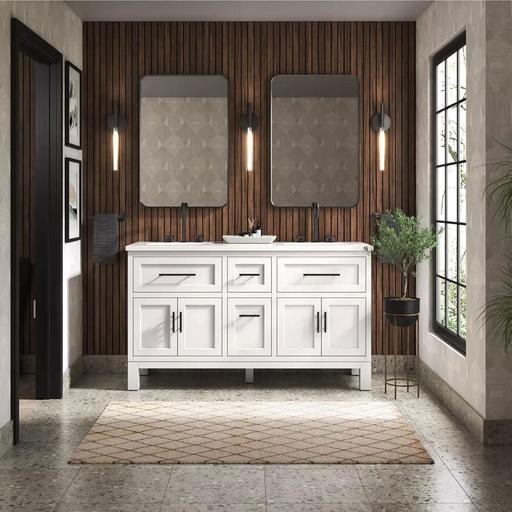 Kohler Quo 60&quot; Double Bathroom Vanity in White with 3 cm Pure White Quartz Top and Oval Sinks, , large