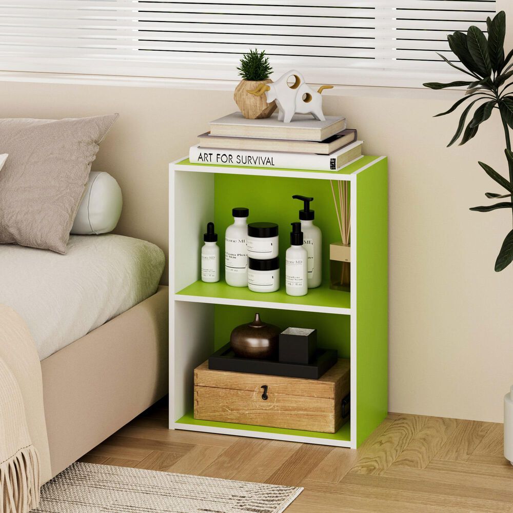 HOMLUX 2-Tier Cube Compact Storage Shelf Organizer Bookcase in Green and White, , large