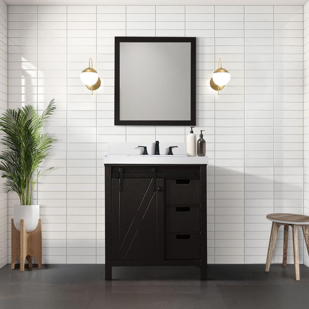 Lexora Home Marsyas 30&quot; Single Bathroom Vanity in Brown with White Quartz Top and Rectangular Sink, , large